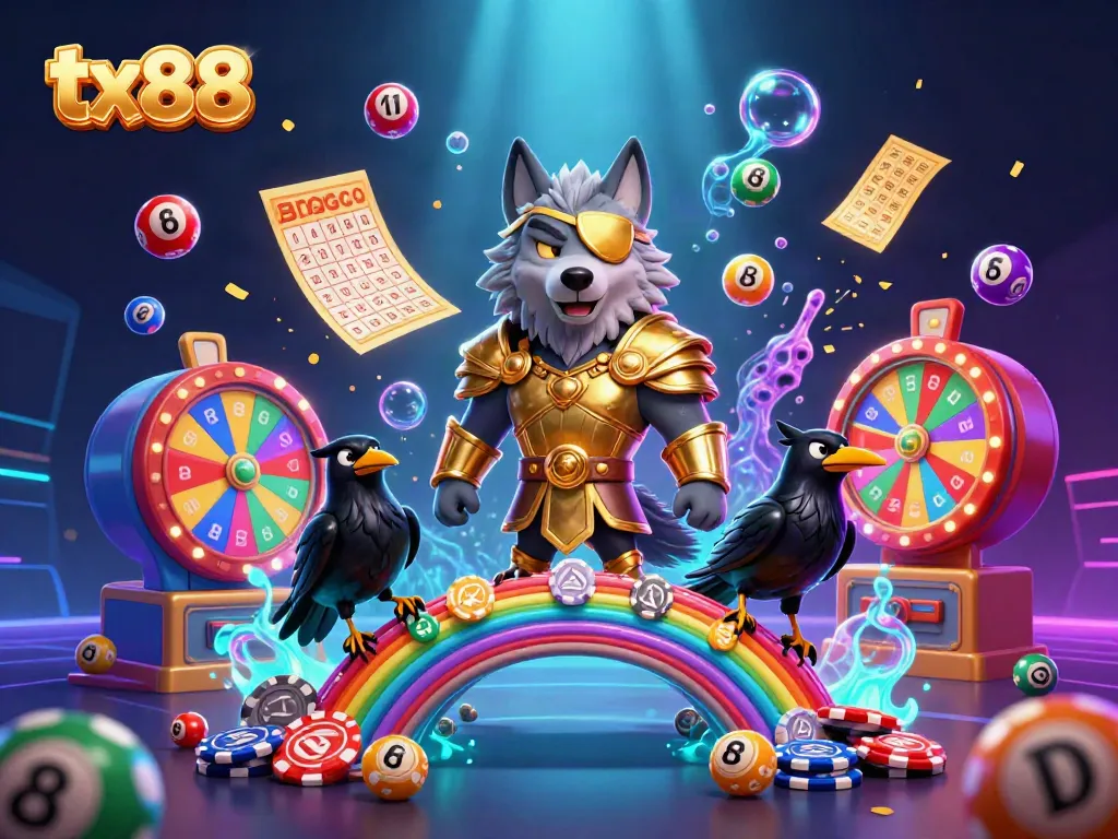Engage with the TX88 casino experience featuring a mythological wolf amidst dynamic gaming elements.