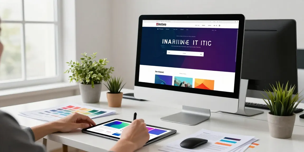 Webdesign Saarland: Designer im modernen Studio, kreative Arbeitsumgebung mit Bildschirm und Entwürfen.