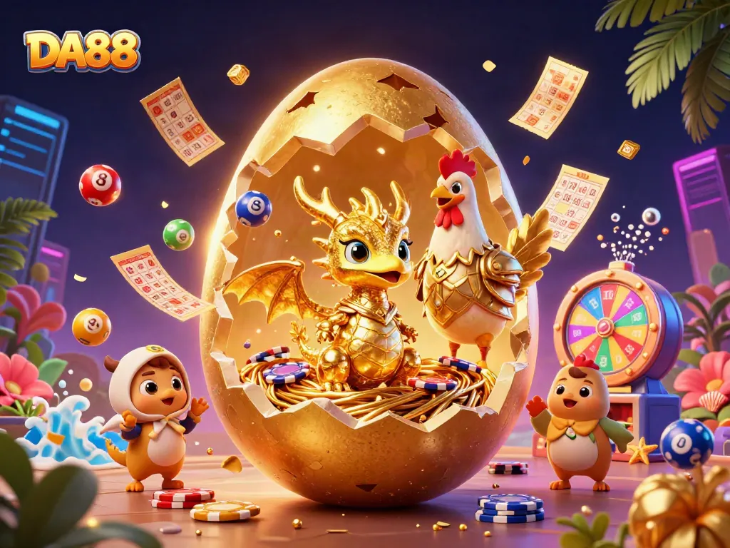 DA88 players enjoy a thrilling gambling experience with a golden dragon amidst lottery balls and golden game elements.
