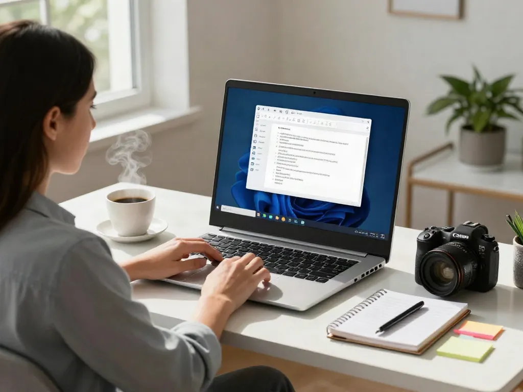 Moderne Büroszene mit Office 2024 Home, Frau arbeitet an Laptop mit Word-Dokument und Kaffeetasse auf dem Schreibtisch.