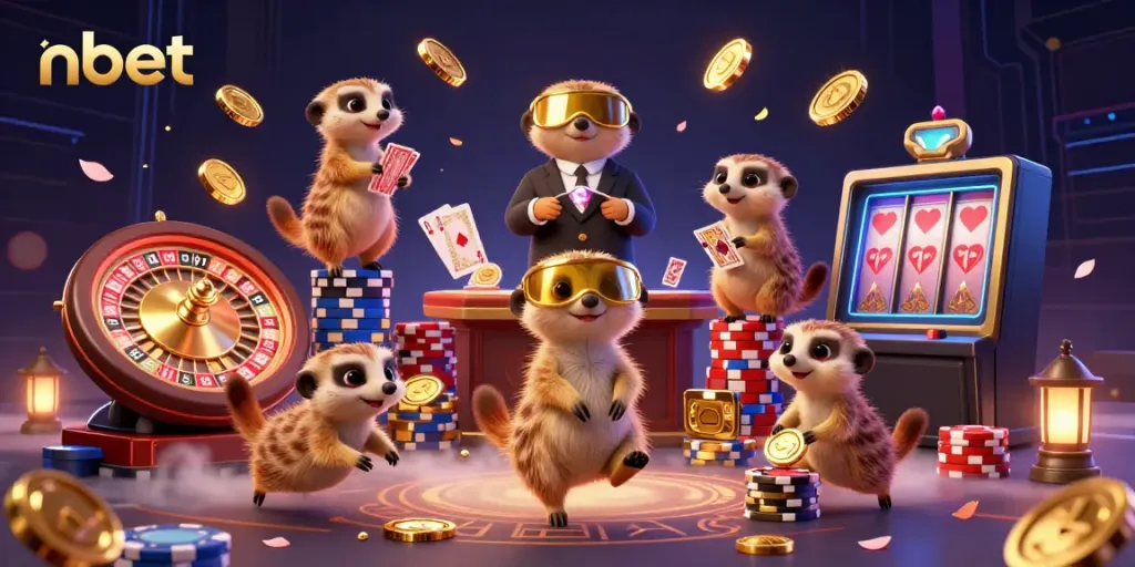 Experience the thrill of nbet with lively meerkats in a vibrant casino scene.