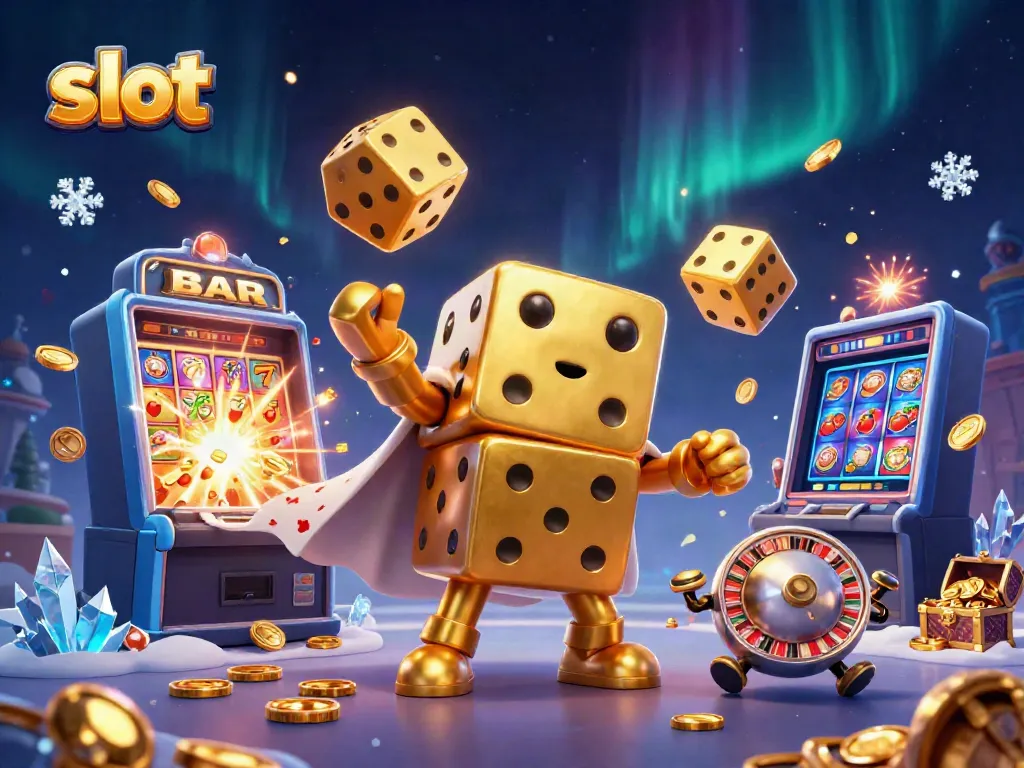 Engage with slot gaming excitement through a vibrant 3D illustration of a golden dice golem amidst slot machines and casino symbols.