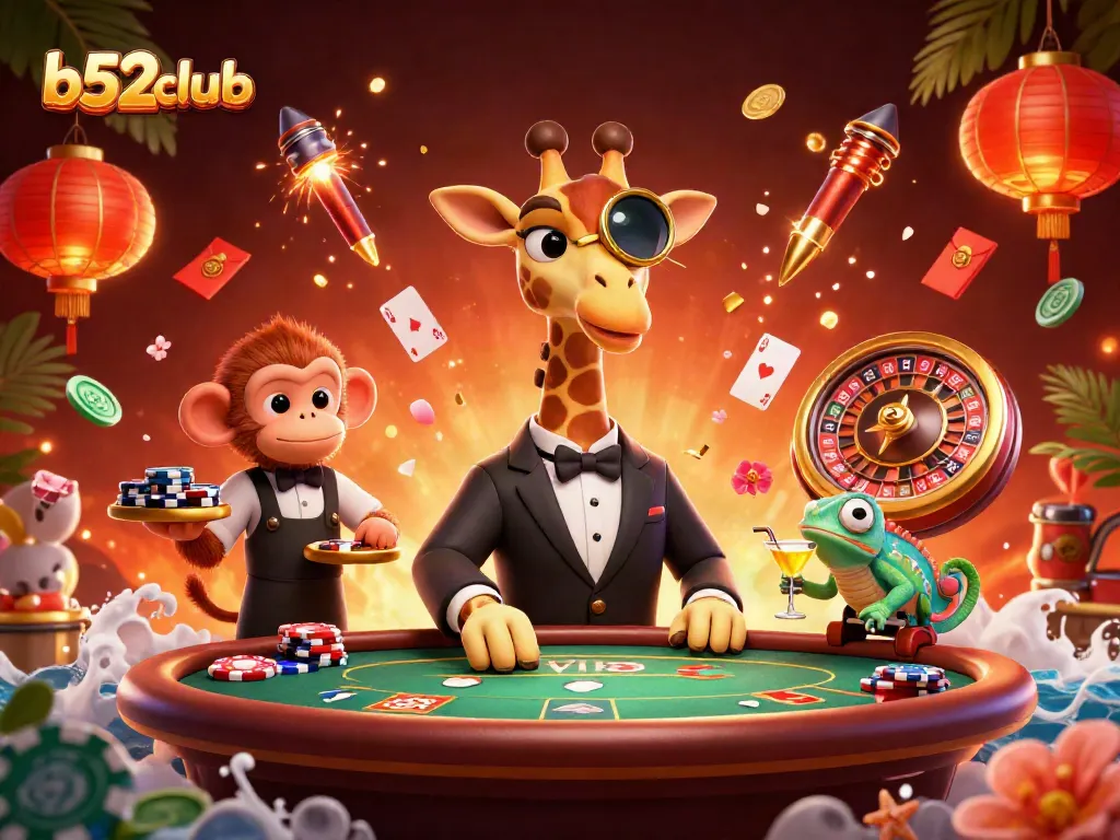 B52club's high-roller giraffe celebrates at a vibrant casino scene with poker elements.