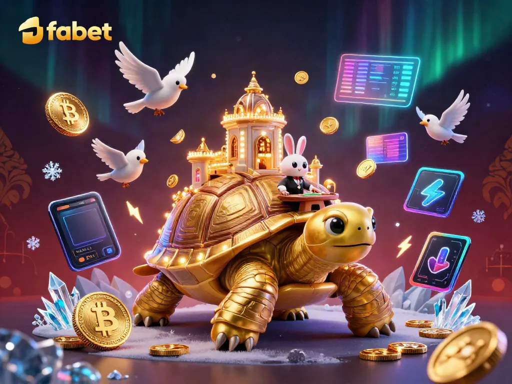 Experience fabet with a golden tortoise casino, illuminated games, and a rabbit dealer amidst crypto coins.