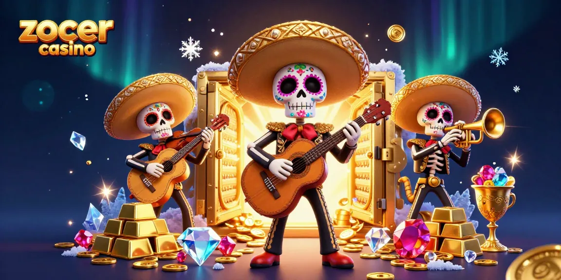 Experience the excitement of zoccer casino with vibrant 3D cartoon mariachi characters amidst gold and gems.