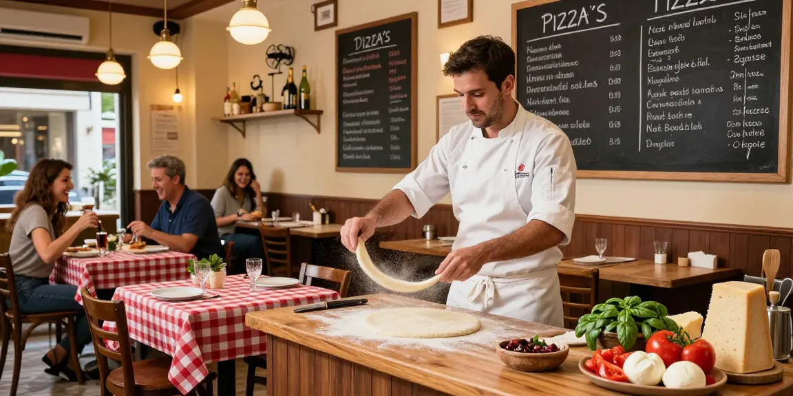 Delicious pg soft Italian pizza dough being tossed in a cozy pizzeria.