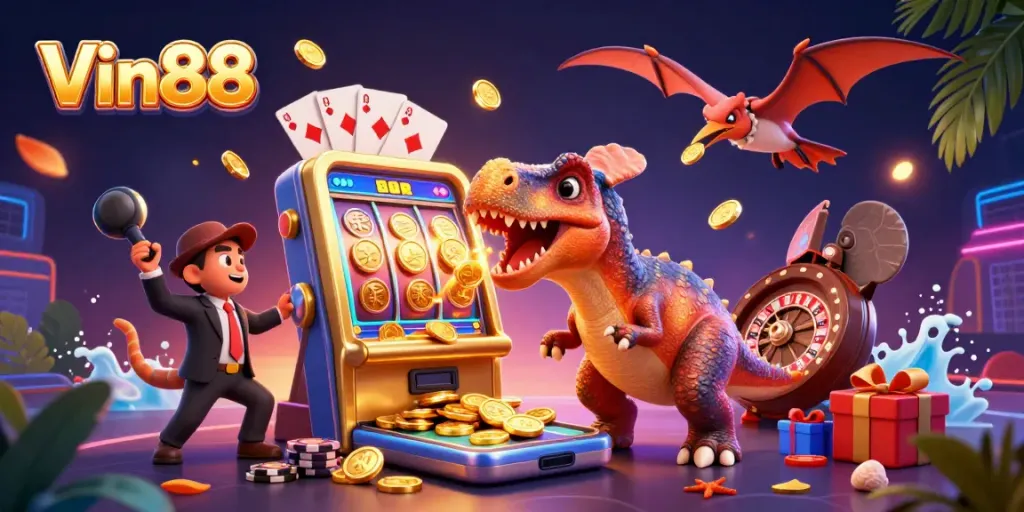 Vin88 brings excitement with a pachycephalosaurus landing jackpot coins from a slot machine.