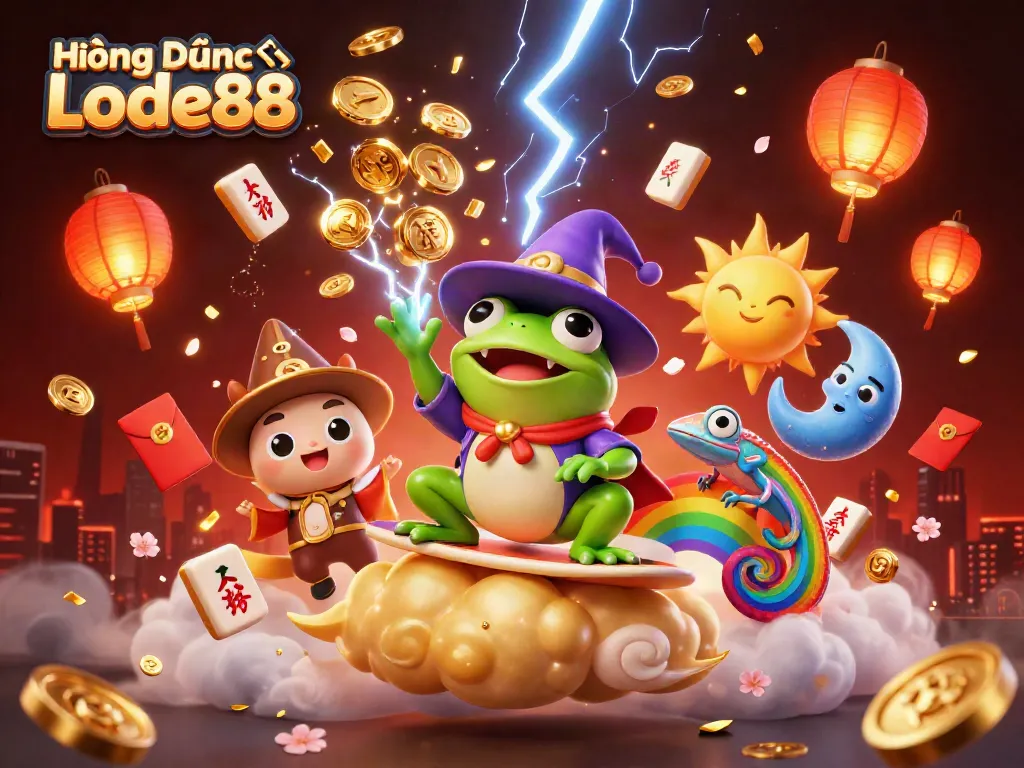 Experience a vibrant scene of Hướng Dẫn Lode88 with a wizard frog, chameleon, and gaming elements enriching the atmosphere.
