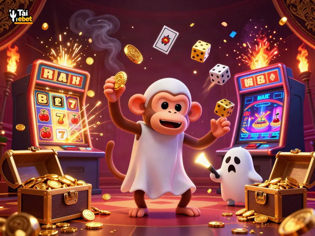 Experience the thrill of Tải febet with a vibrant casino scene featuring a poltergeist monkey and ghost-hunter puppy.