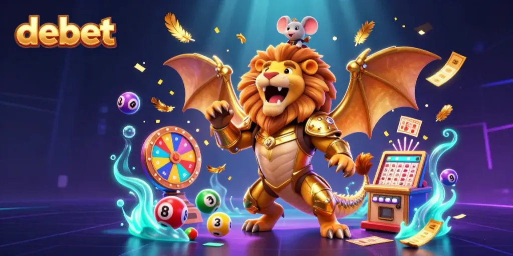 Engaging debet casino illustration showcasing lottery excitement with a roaring chimera and festive elements.
