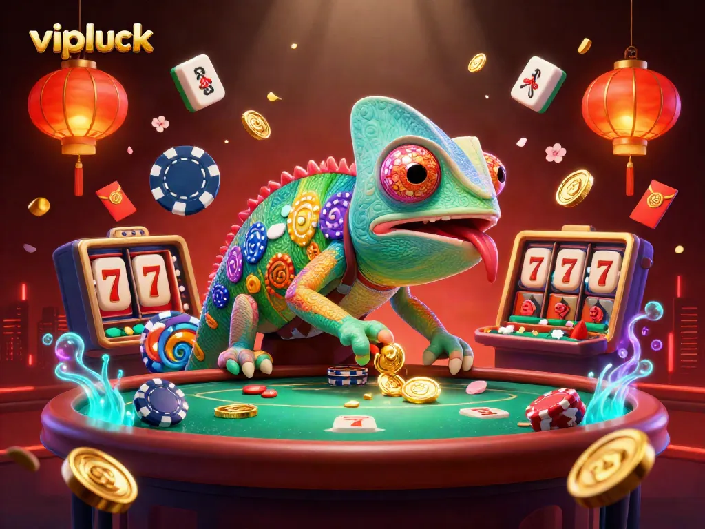 Experience thrilling gameplay at vipluck with a vibrant 3D chameleon casino illustration.