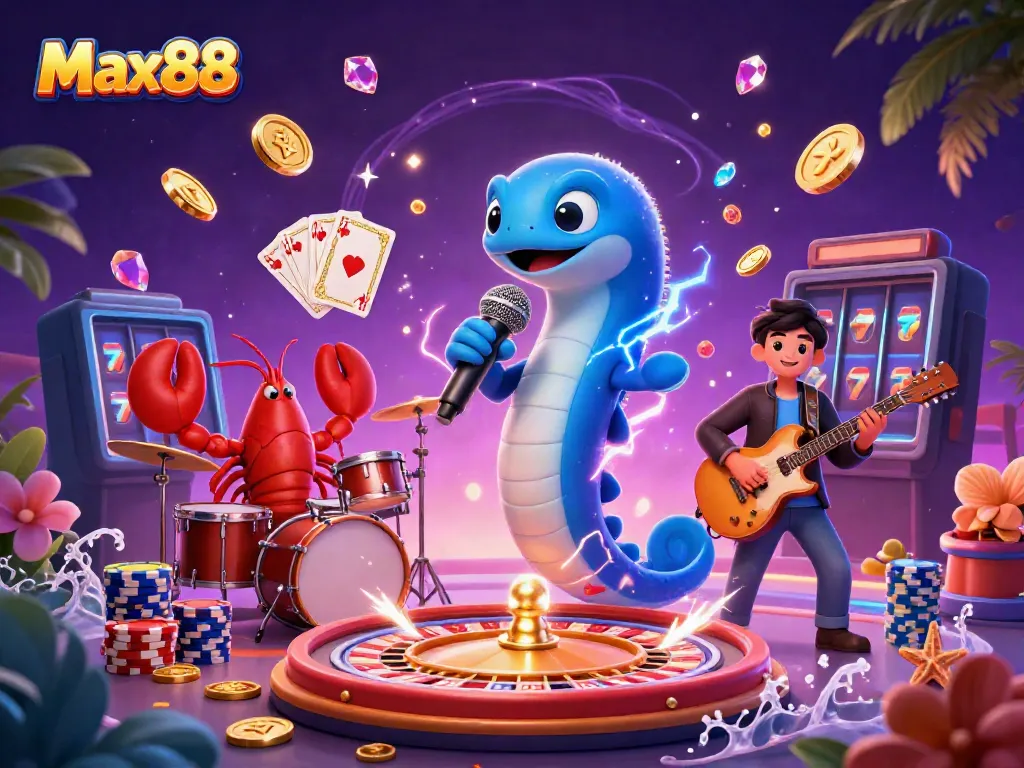 Max88 showcases an electric eel DJing in an underwater casino, surrounded by sparkling gems and golden coins.