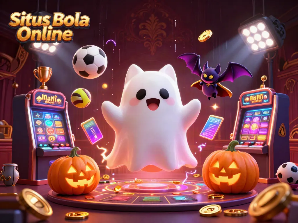 Engaging illustration of friendly ghost cat and vampire bat promoting Situs Bola Online in a dynamic casino scene.