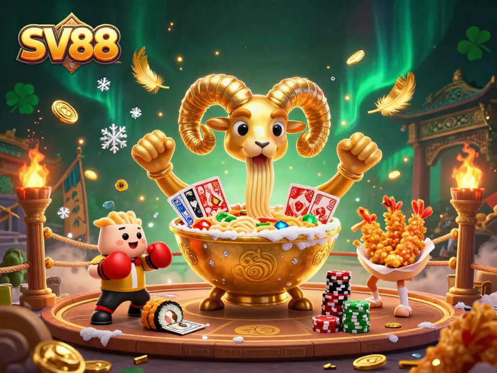 SV88's vibrant gambling scene features a golden ramen bowl dealer, cards, and chips in action.