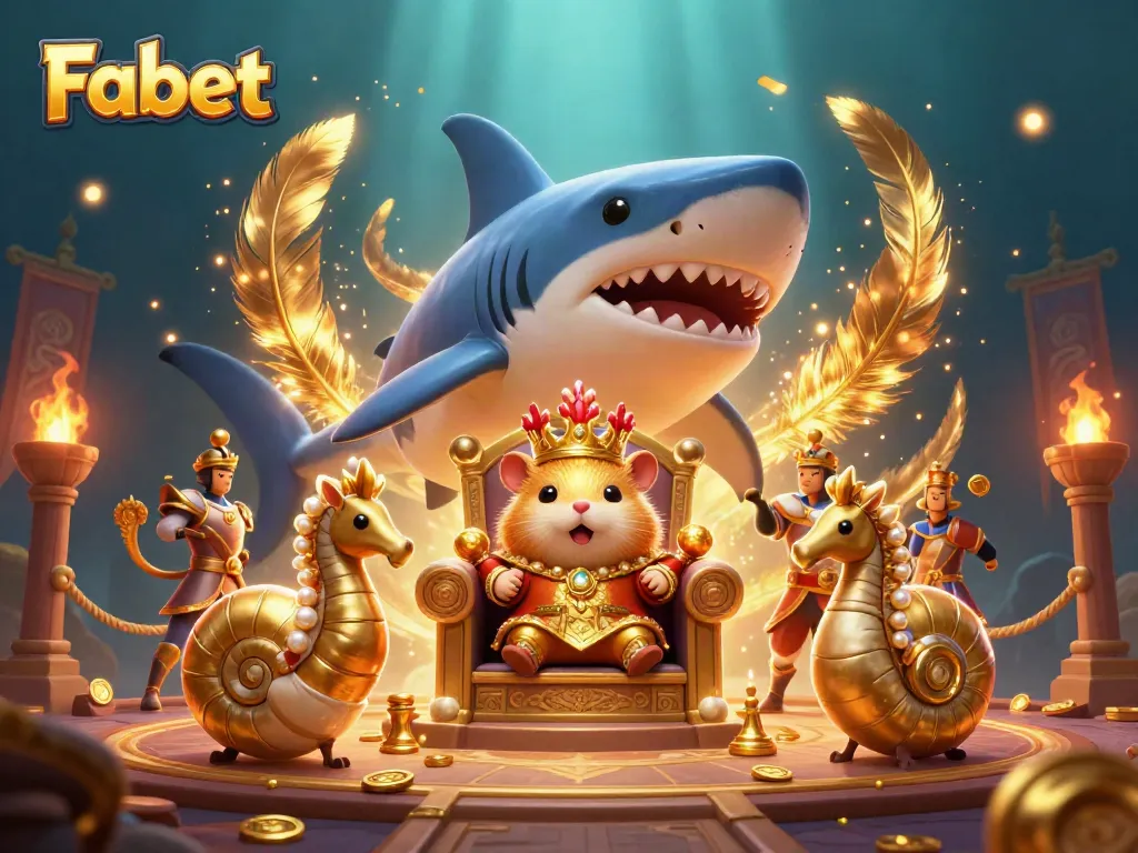 Fabet engages players in an exciting scene with the hamster king and royal guards amid vibrant gambling elements.