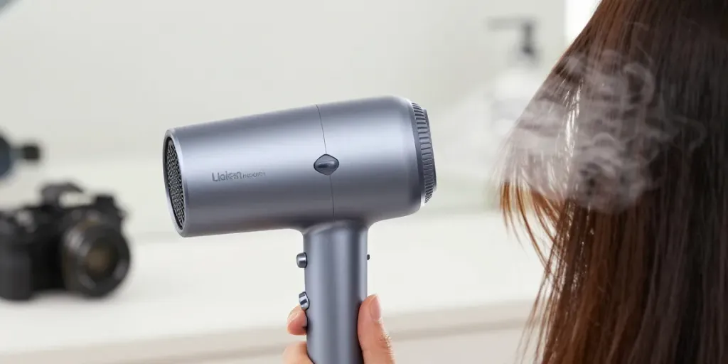Close-up of Laifen haartrockner being used for hair styling.
