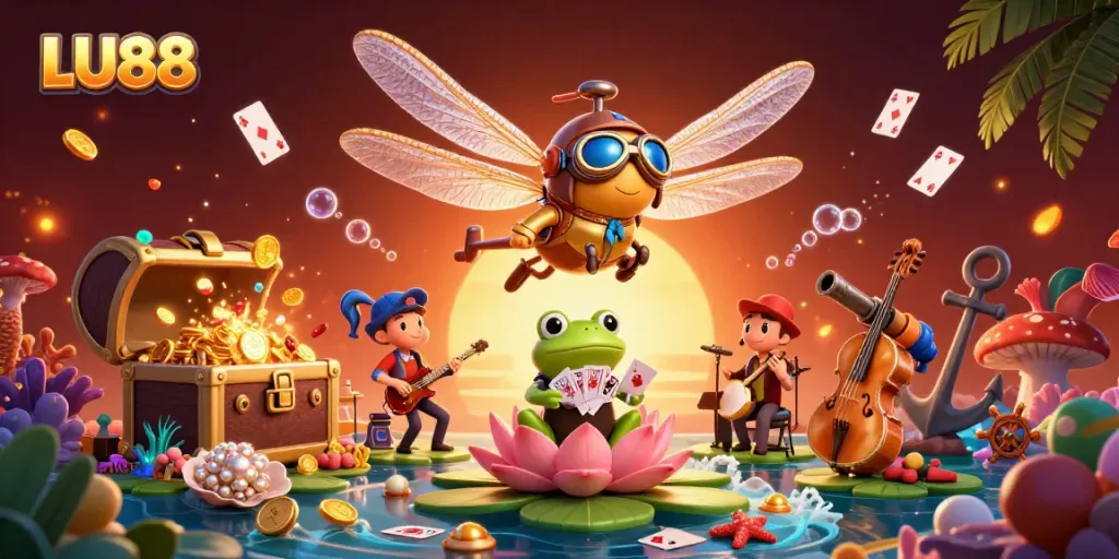 LU88 casino scene with a dragonfly pilot and frog croupier dealing cards, showcasing vibrant game elements.