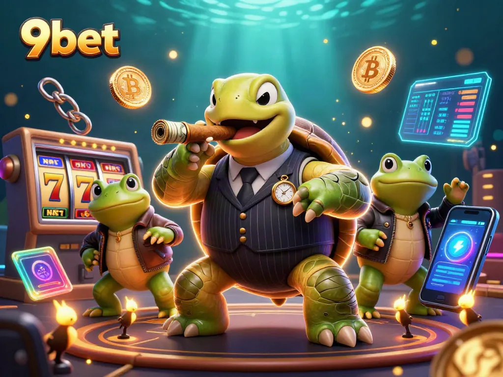 Experience the excitement of 9bet casino with a vibrant 3D scene of a snapping turtle in a mobster suit, surrounded by slot machines and crypto elements.