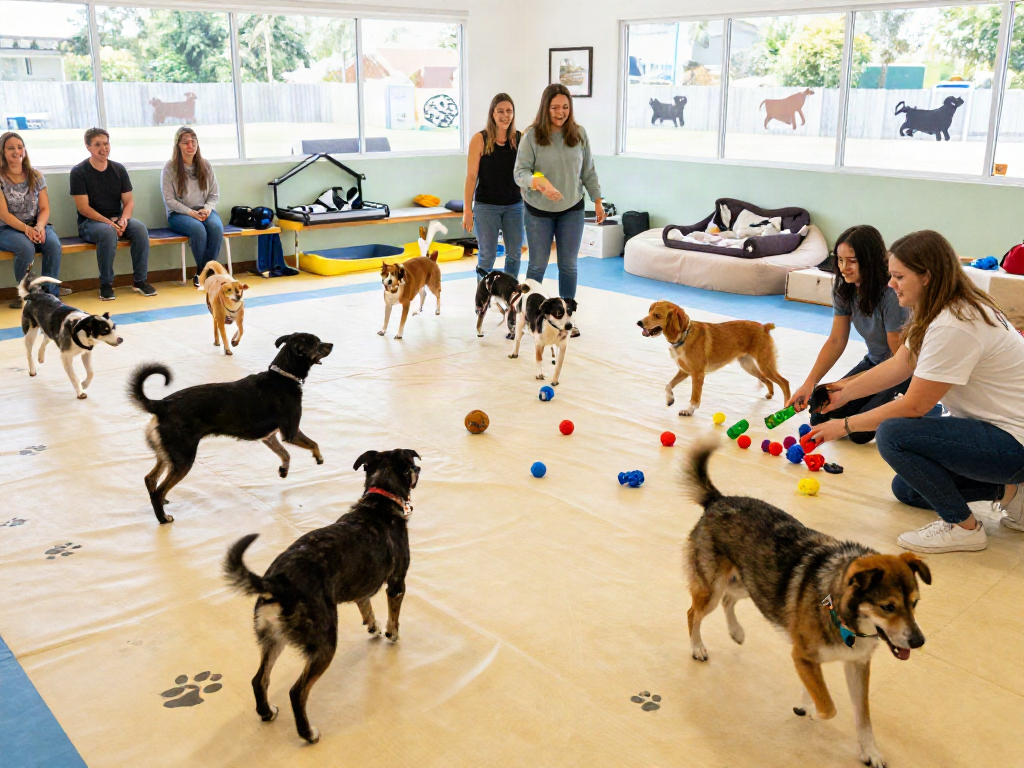 Energetic scene at dog daycare highlighting deposit 10k for quality pet care and fun experiences.