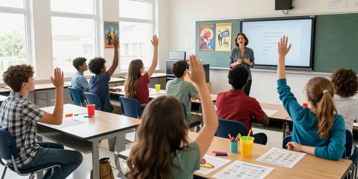 Quiz Allgemeinwissen Spaß in einem lebhaften Klassenzimmer mit aktiven Schülern.