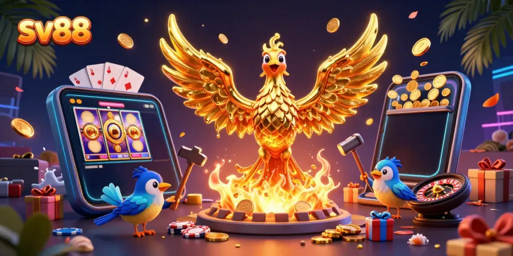 Experience thrilling gaming with sv88, featuring a molten gold phoenix emerging from a shimmering casino scene.