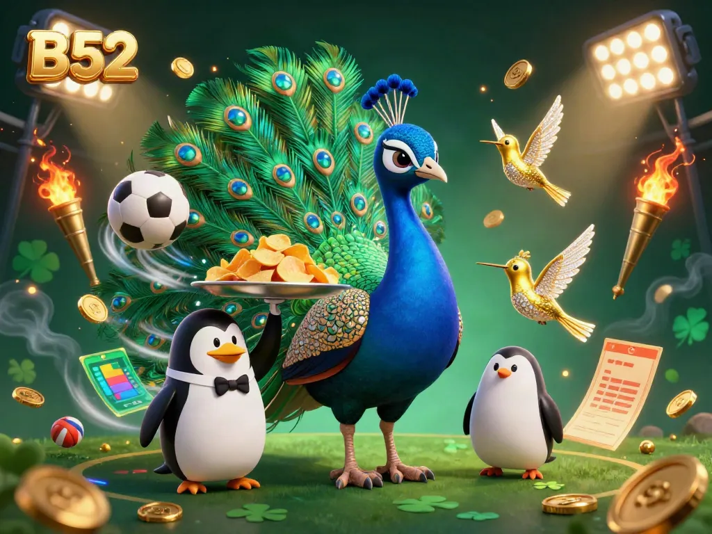 Engage in thrilling gameplay at B52 with an aristocratic peacock and a butler penguin amidst sports betting action.