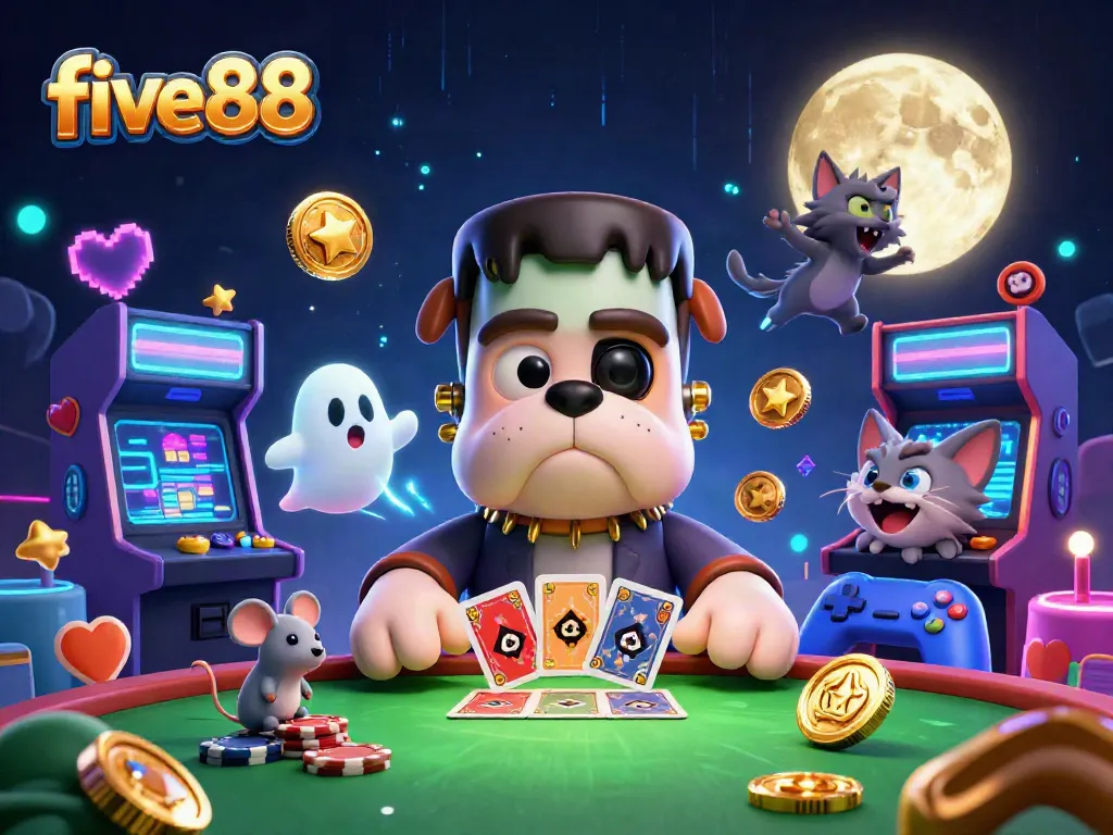 Engage with five88 by exploring thrilling games at a spooky casino table featuring imaginative characters.