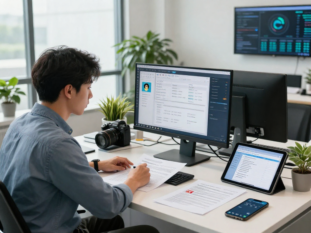 Data analyst at office desk analyzing document fraud detection patterns with high-resolution monitor.