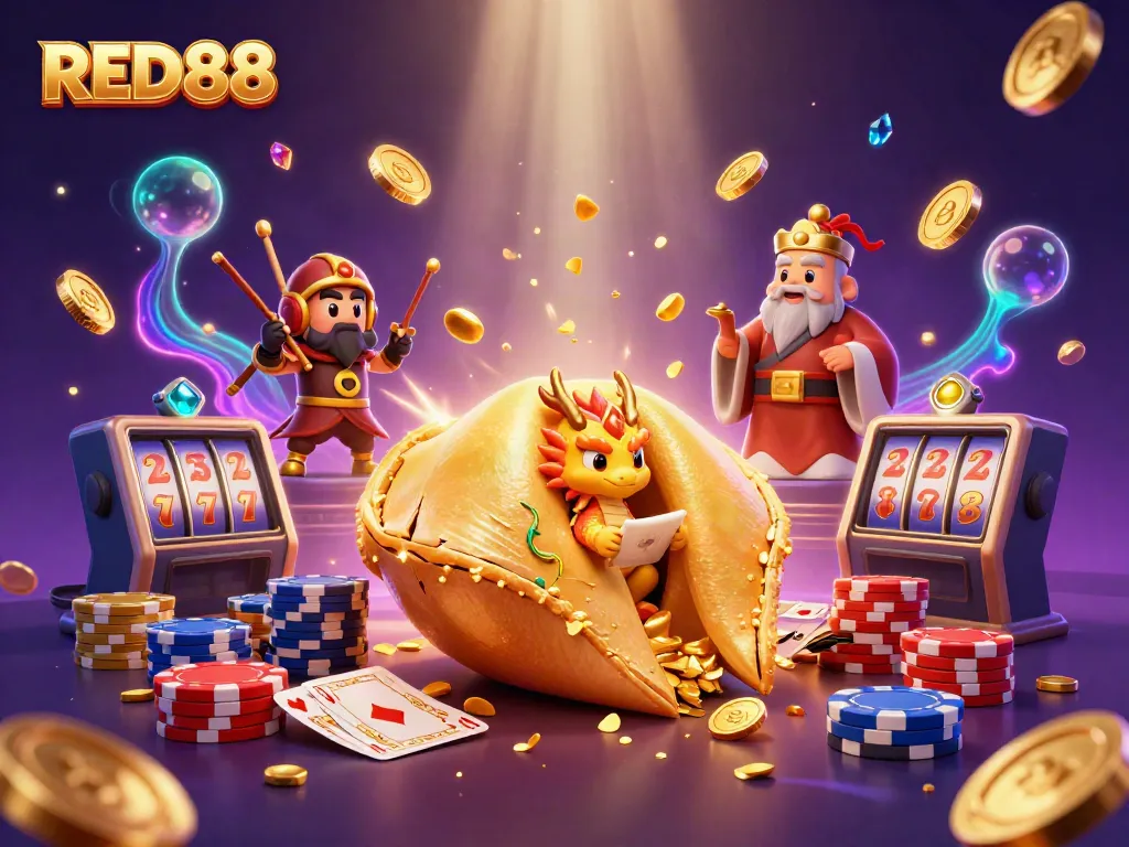 Experience RED88's thrilling online casino with festive gold coins and lively game characters.