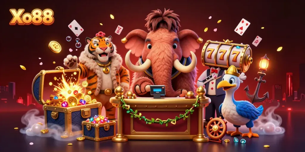 Xo88 invites players to enjoy a vibrant casino adventure with cartoon characters and rich gaming elements.