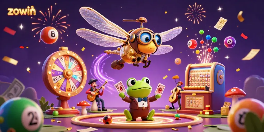 Zowin carnival scene featuring a dragonfly pilot, a frog croupier dealing cards, and cricket musicians playing, with colorful gambling elements.