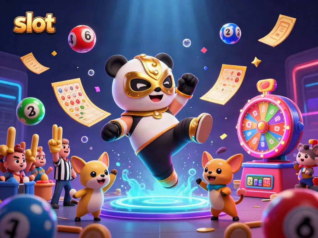 Experience exciting slot action with a panda wrestler kicking, referee chihuahua counting, and colorful elements.