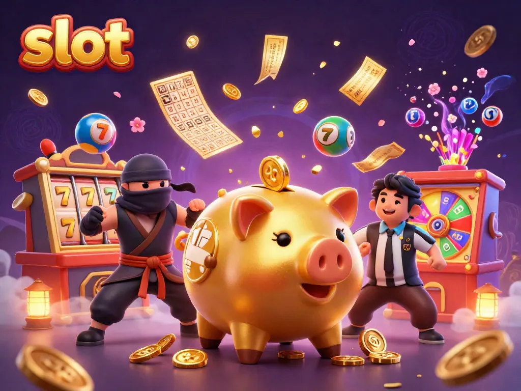 Watch a giant golden piggy bank sumo wrestler stomp gold coins in a vibrant slot scene.