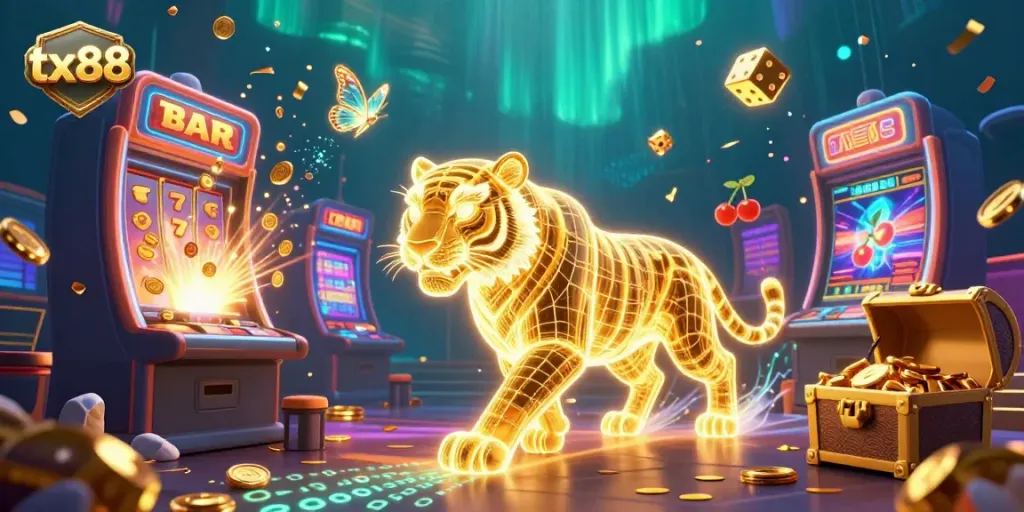 Experience the excitement of tx88 with a vibrant digital casino scene featuring games and stunning visuals.