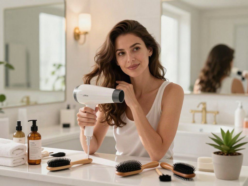 Die Verwendung des Laifen Haartrockners im Badezimmer für ein stylisches Haarstyling.