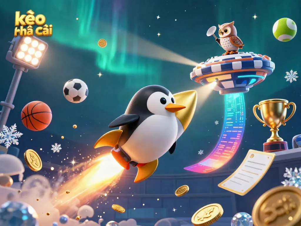 Experience the thrill of kèo nhà cái with a playful penguin soaring towards a casino space station, amidst dynamic sports elements.