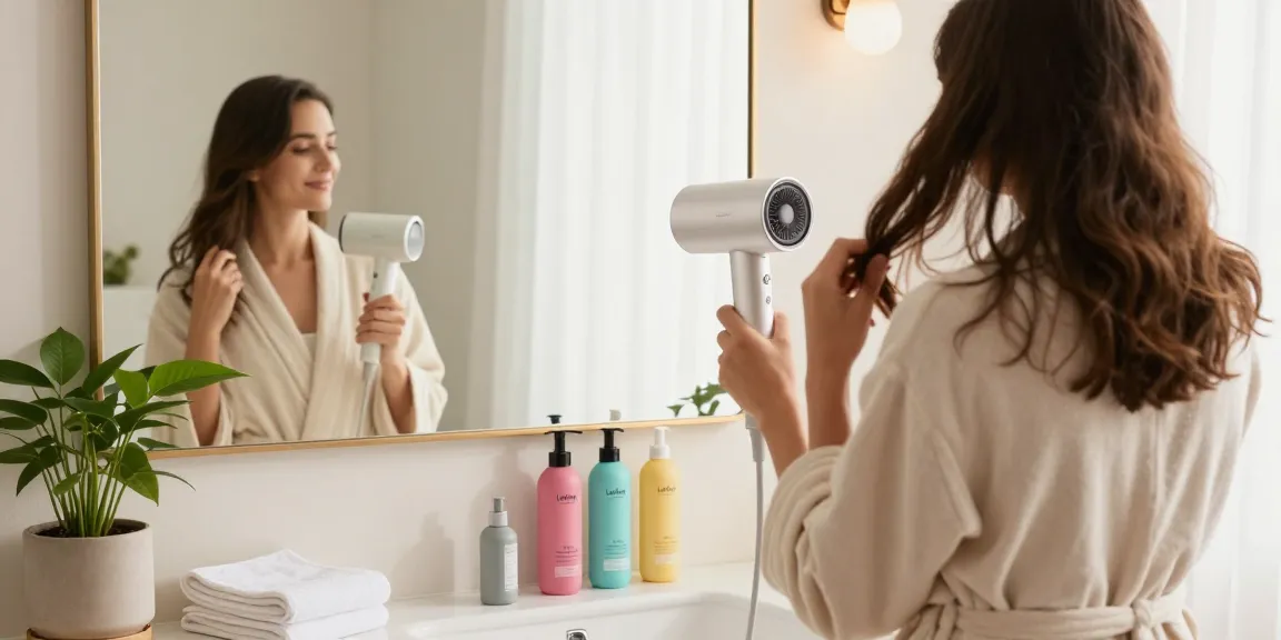 Laifen-Föhn in einem einladenden Badezimmer, während eine Person ihre Haare trocknet und Styling-Produkte verwendet.