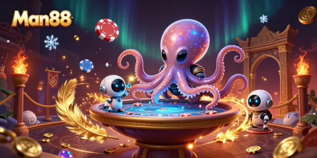 Experience thrilling gambling action with Man88 featuring an alien octopus and a poker table.