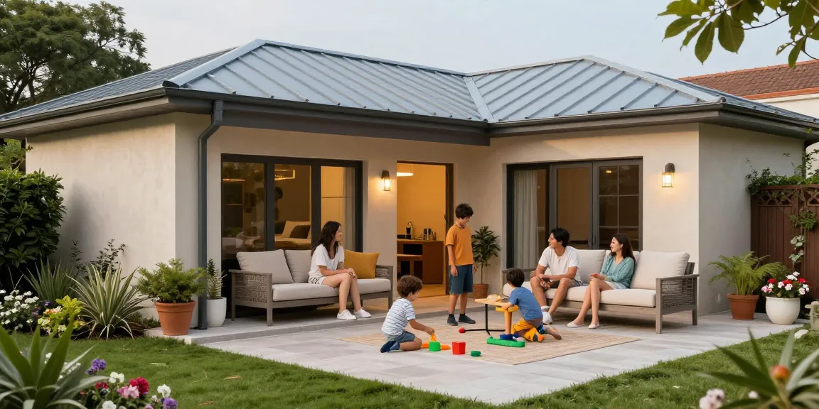 Traumhafte Terrassenüberdachung in modernem Design mit spielenden Kindern und gemütlichem Mobiliar auf der Terrasse.