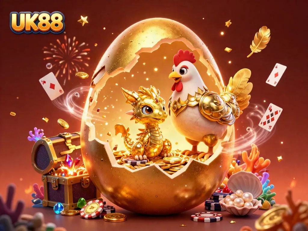 Engage with thrilling UK88 casino gems as a golden dragon bursts forth from a nest of poker chips.