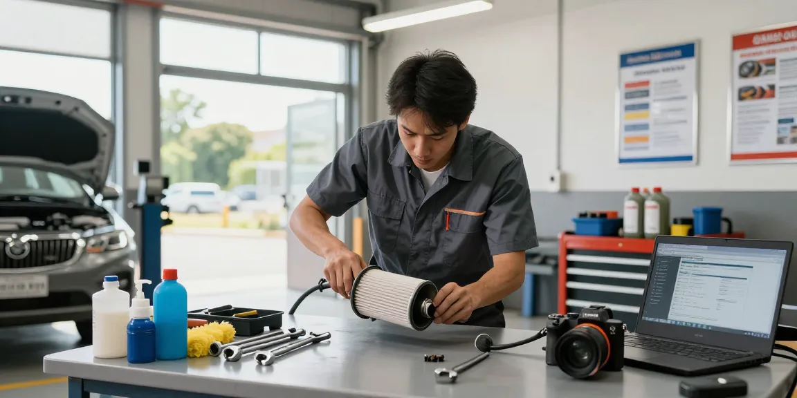 Mechaniker reinigt DPF in Werkstatt, professionelle Ausrüstung für DPF reinigen gut sichtbar
