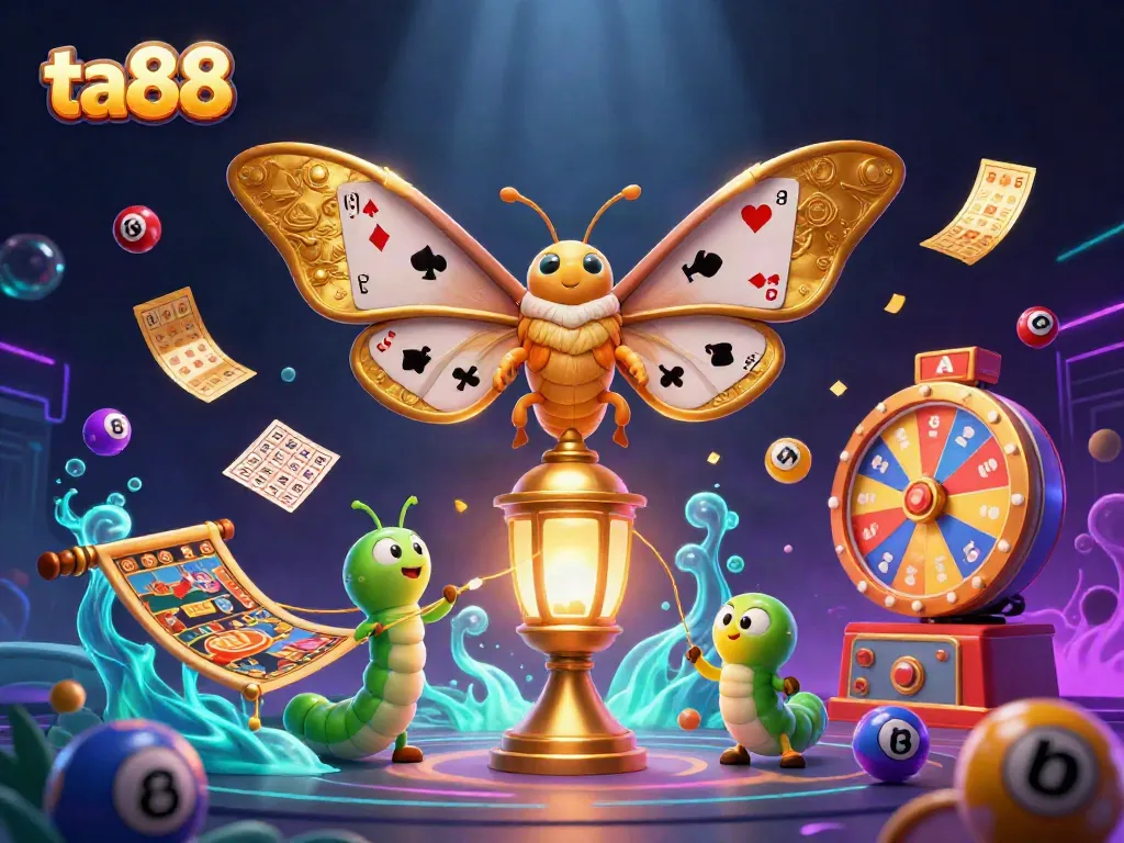 Experience the excitement of ta88’s vibrant casino scene with an animated moth and dynamic game elements.