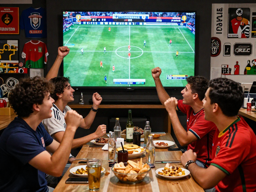 Fussball WM Wettanbieter: Freunde jubeln und feiern beim Anschauen der FIFA-Weltmeisterschaft 2026.