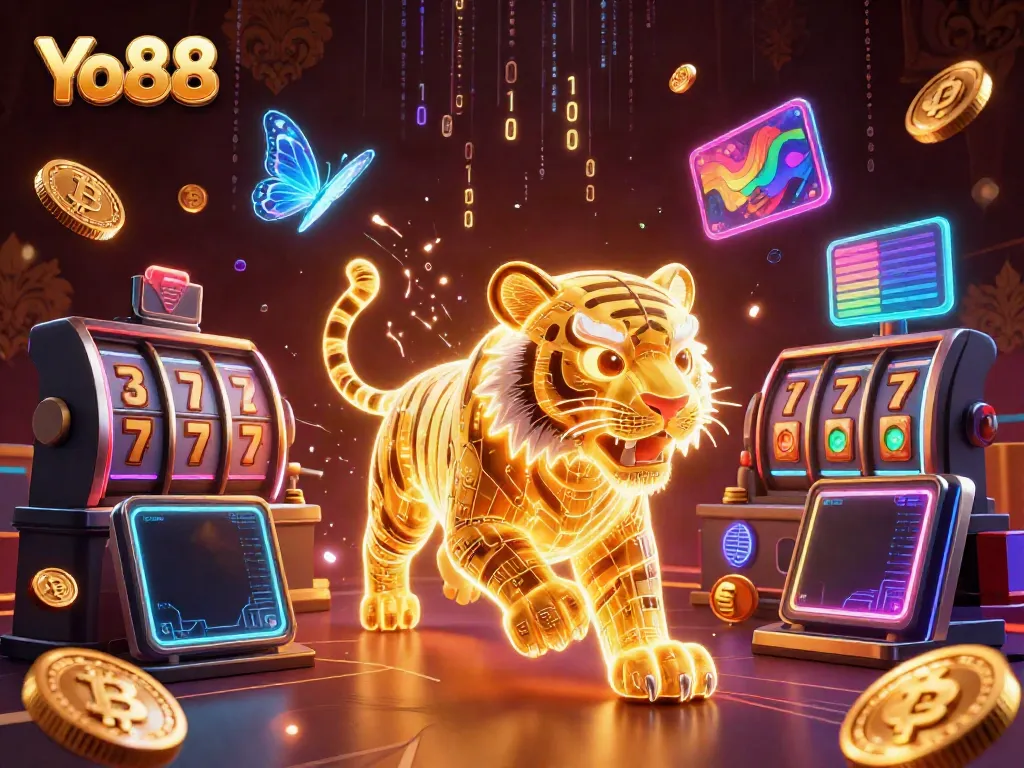 Join the action at Yo88 with a dazzling 3D tiger in a vibrant casino landscape, showcasing exciting jackpot themes.
