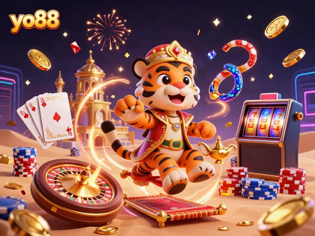 Experience exciting gambling adventures with yo88 in this vibrant casino-themed illustration.