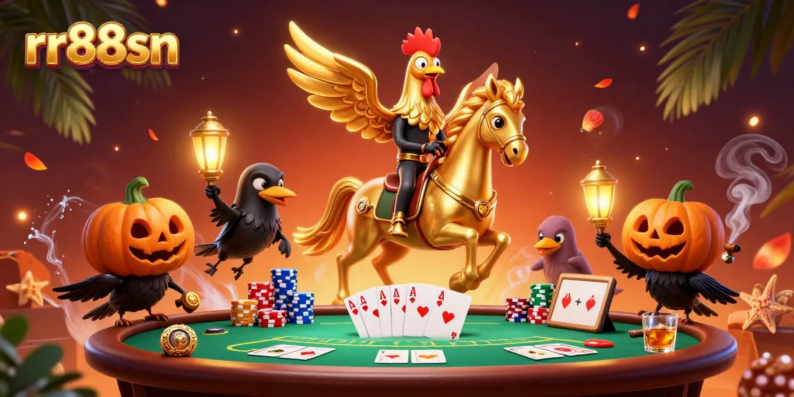 Experience thrilling games at rr88sn, where a golden rooster celebrates winning at poker surrounded by vibrant casino elements.