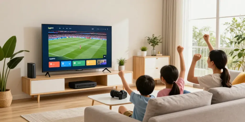 Family enjoying live sports on UpIPTV, showcasing iptv deutch in a modern living room.