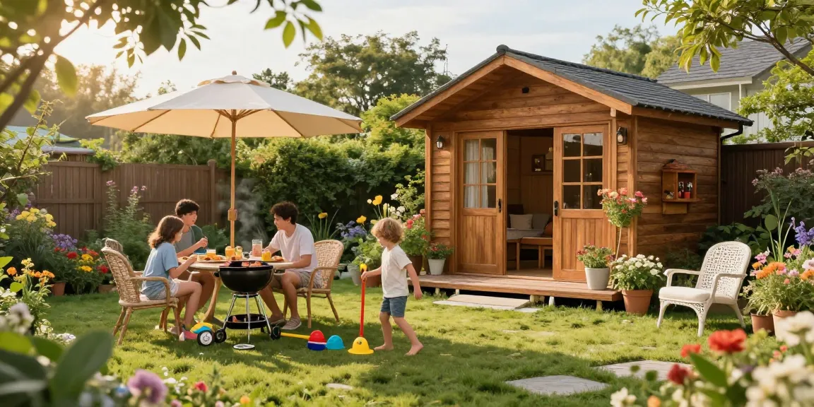 Ein Gartenhaus Holz umgeben von grünen Pflanzen und einer Familie, die eine Grillparty genießt.