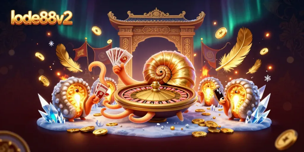 Engage with lode88v2 as a themed casino scene featuring a giant nautilus roulette, cards, and gold elements.