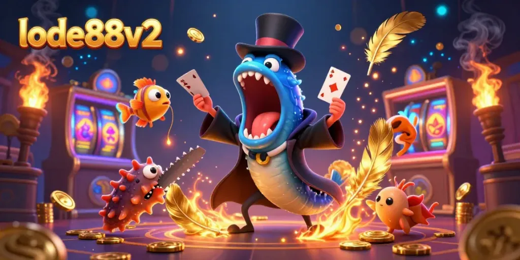 Engage in thrilling casino magic with lode88v2, witnessing a bioluminescent eel performing card tricks.